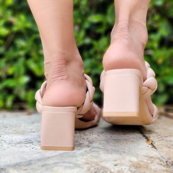 Women's Nude Double Braided‎ Square Toe Mule Low Heel Sandal - Picture 2 of 3